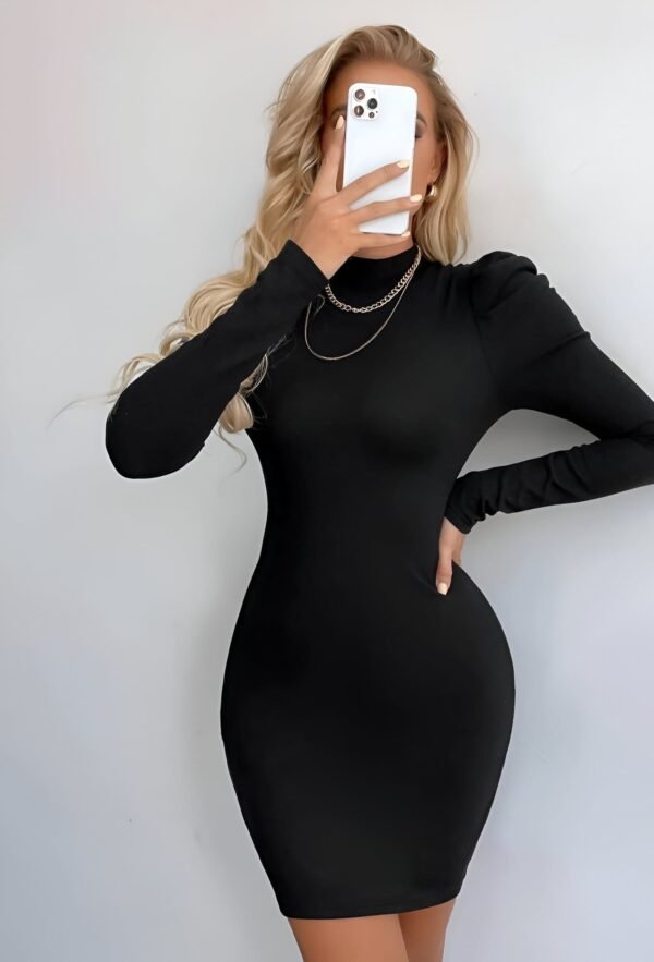 Black formal mini dress with long puff sleeves and turtleneck