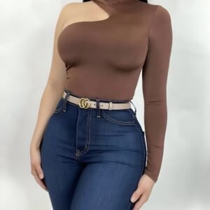 Brown one-shoulder top with long sleeve and turtle-neck