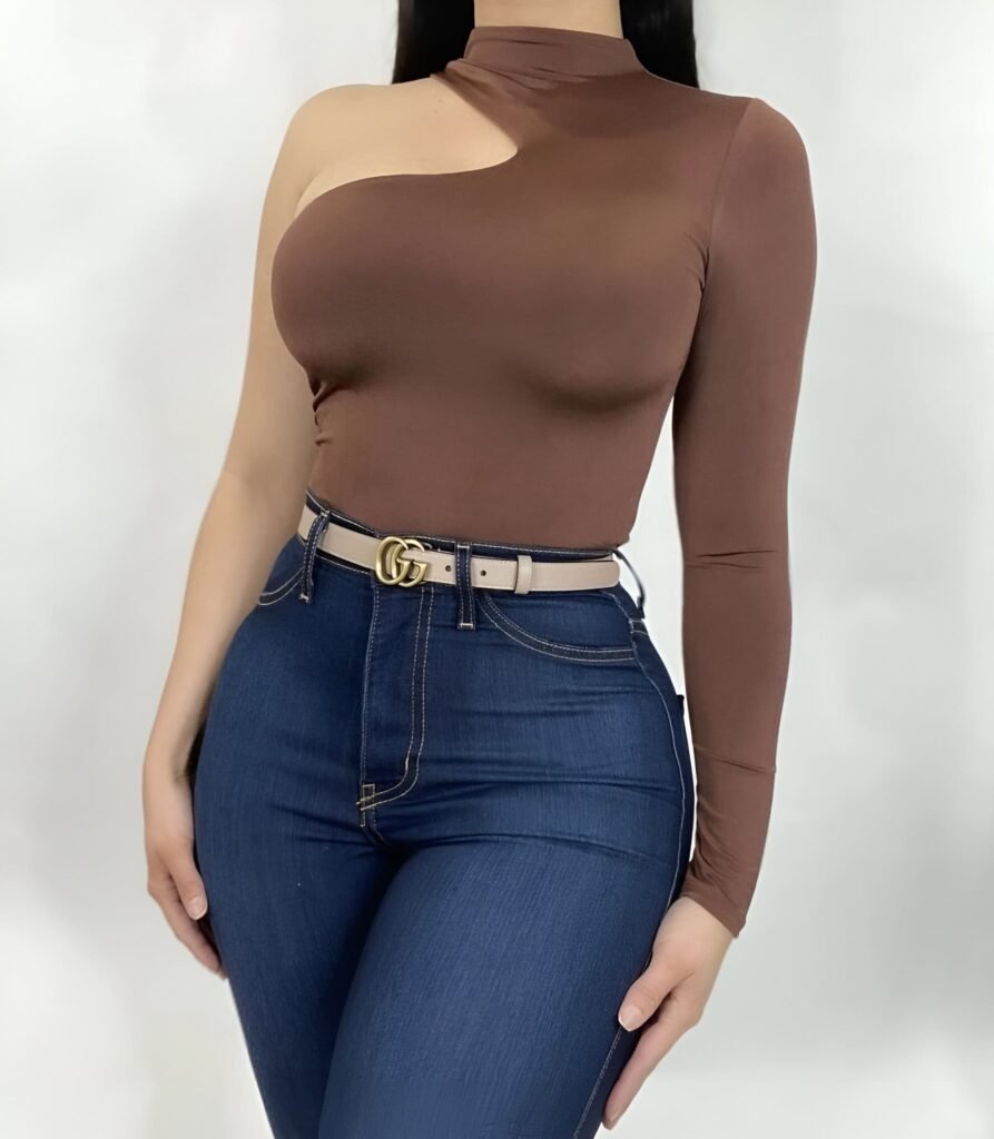 Brown one-shoulder top with long sleeve and turtle-neck