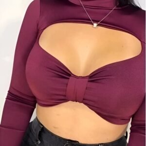 Red-wine bow top with long sleeves, turtleneck, and pronounced neckline