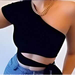 Black one-shoulder top with short sleeve and adjustable horizontal opening