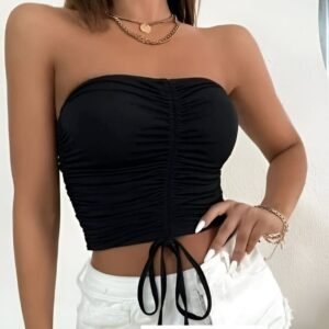 Black tube top with adjustable front straps and deep neckline