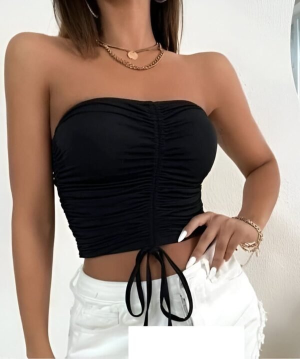 Black tube top with adjustable front straps and deep neckline