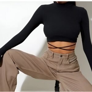 Black long sleeve crop top with turtleneck and crisscross straps