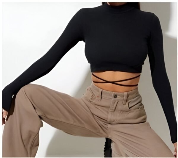 Black long sleeve crop top with turtleneck and crisscross straps