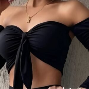 Black bow top with long sleeves and exposed shoulders