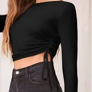 Black long sleeve crop top with high neck and adjustable side straps