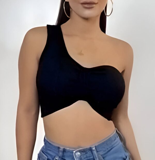 Black asymmetrical one-shoulder top with thick strap and pronounced neckline