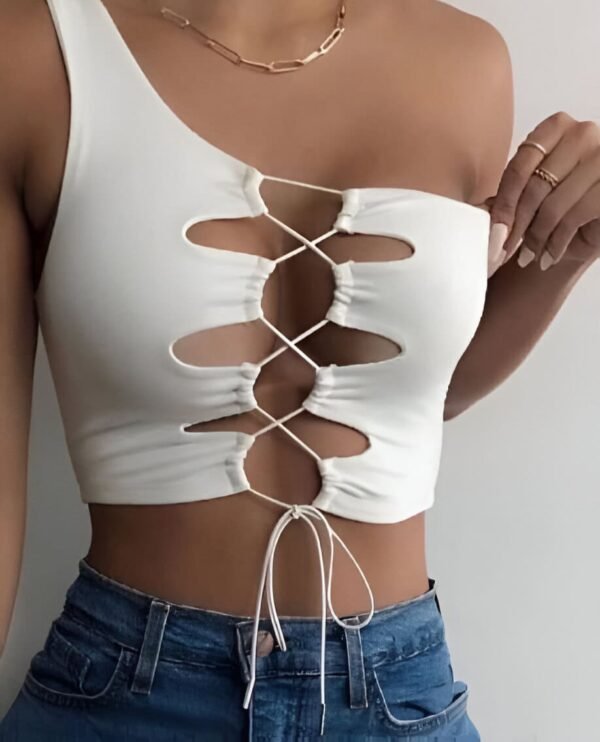 White asymmetrical one-shoulder top with thick strap and central cutout with crisscross thin straps