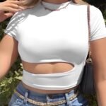 White short sleeve crop top with high neck and asymmetrical side slit