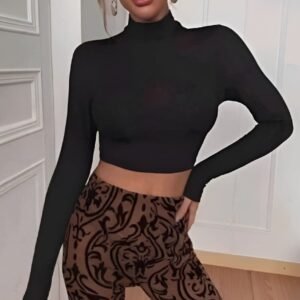 Black long sleeve crop top with turtleneck and crisscross back straps