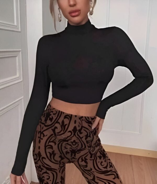 Black long sleeve crop top with turtleneck and crisscross back straps