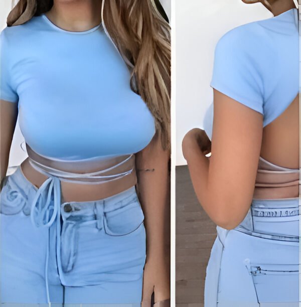 Sky-blue short sleeve crop top with high neck and open back with crisscross straps