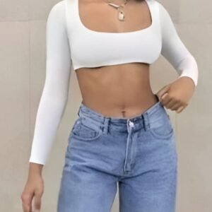 White long sleeve crop top with neckline