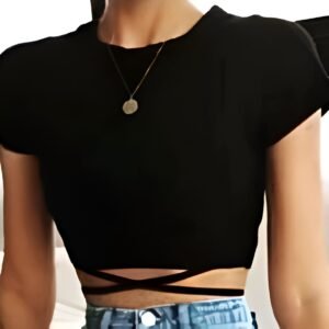 Black short sleeve crop top with high neck and two bottom straps