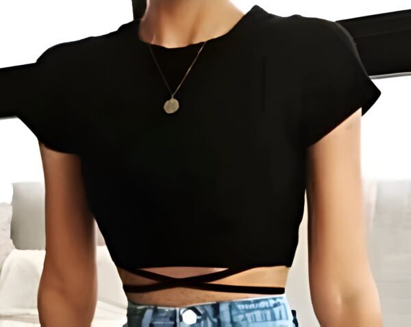 Black short sleeve crop top with high neck and two bottom straps