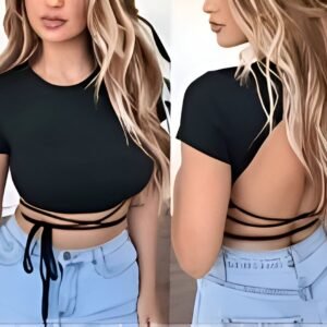 Black short sleeve crop top with high neck and open back with crisscross straps