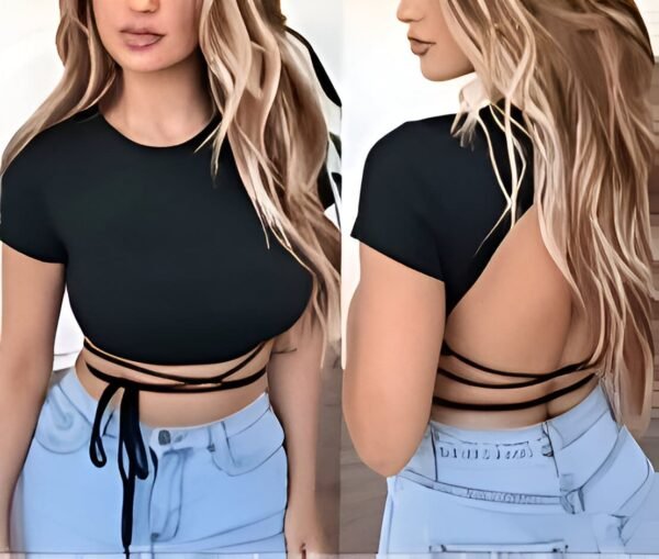 Black short sleeve crop top with high neck and open back with crisscross straps