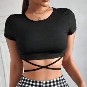 Black short sleeve crop top with high neck and crisscross bottom straps