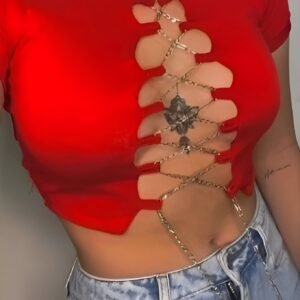 Red chain top with front opening and high neck