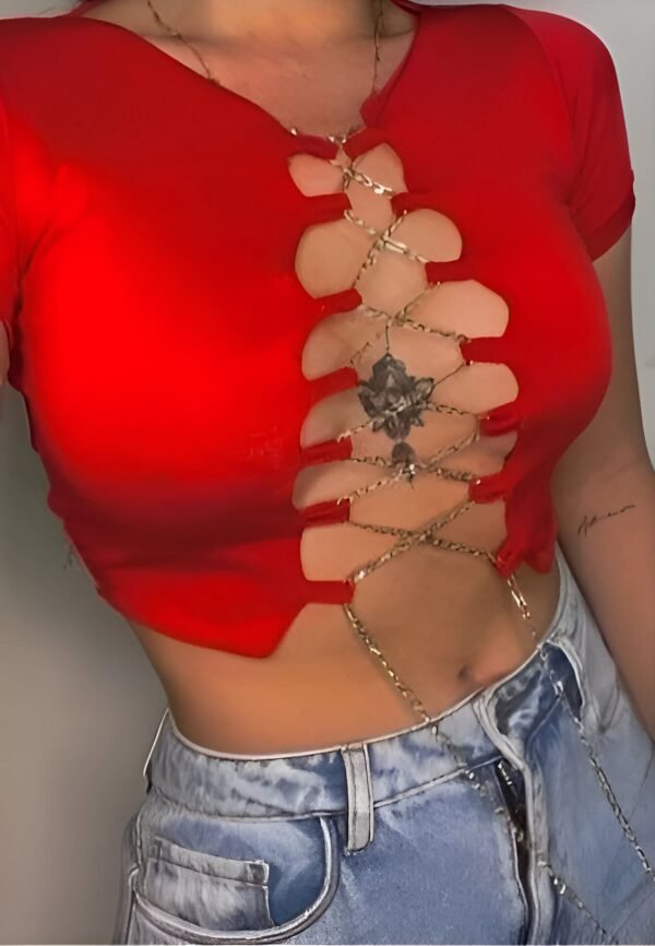 Red chain top with front opening and high neck