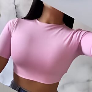 Pink short sleeve crop top with high neck, simple design