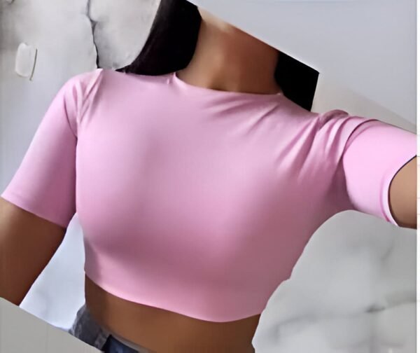 Pink short sleeve crop top with high neck, simple design