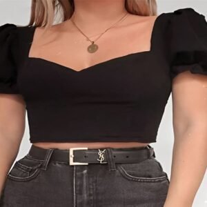 Black short sleeve crop top with slight neckline and puffed sleeves