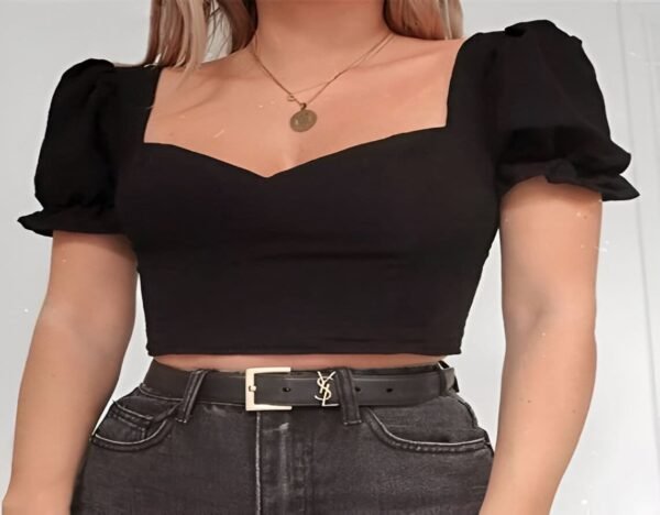 Black short sleeve crop top with slight neckline and puffed sleeves