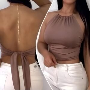 Dark-brown sleeveless crop top with high neck chain and adjustable back ties