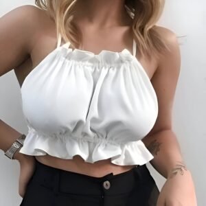 White sleeveless crop top with front coverage and adjustable back ties