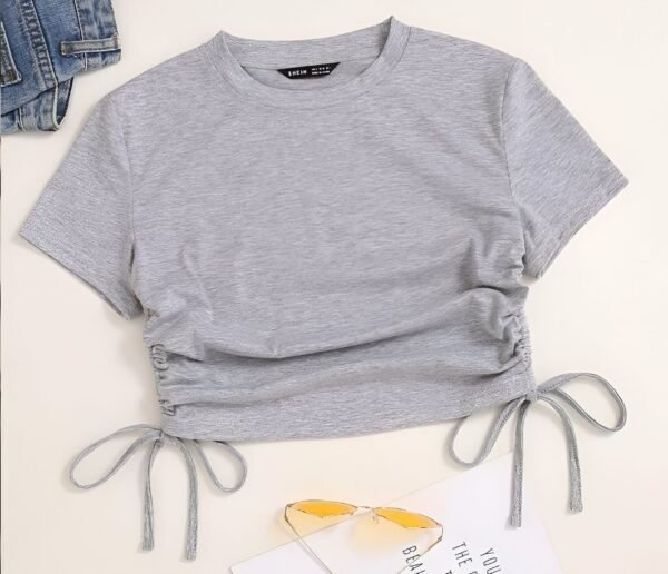 Gray short sleeve crop top with high neck and adjustable side ties