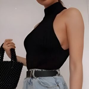 Black sleeveless crop top with high neck and simple design