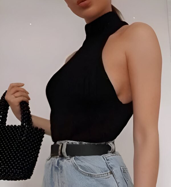 Black sleeveless crop top with high neck and simple design