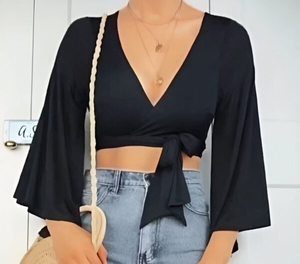 Black Deep Neckline Wrap Top