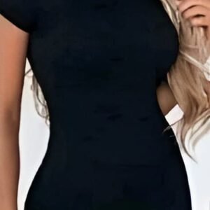 Black mini dress with short sleeves and high neck