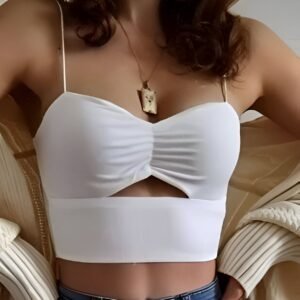 White spaghetti strap crop top with a small front slit and a simple design