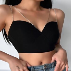 Black spaghetti strap crop top with thin chain straps and a deep neckline