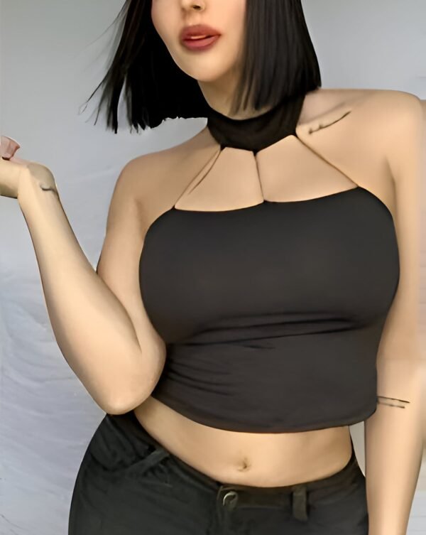 Black spaghetti strap crop top with three thin straps connecting to a turtleneck and a deep neckline