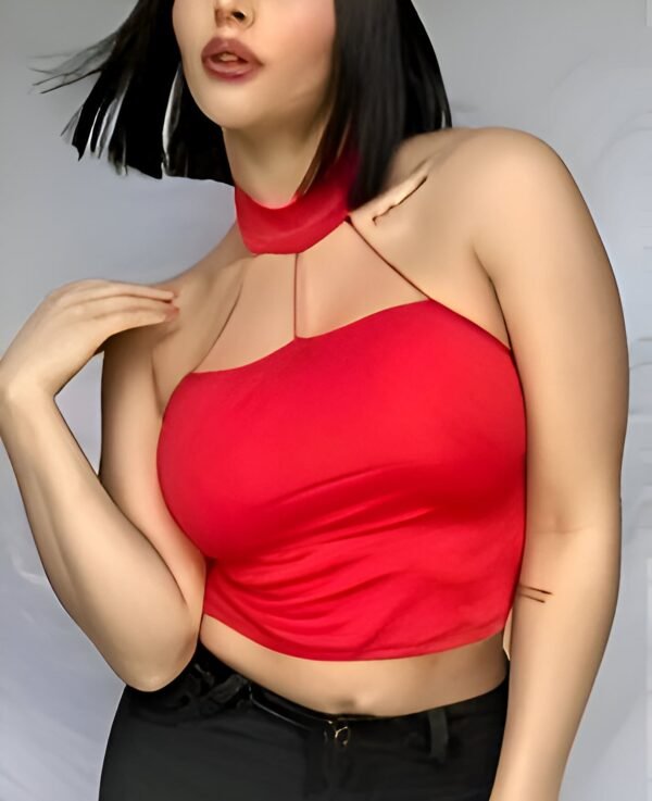 Red spaghetti strap crop top with three thin straps connecting to a turtleneck and a deep neckline