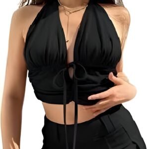 Black spaghetti strap crop top with a deep neckline and thick straps that thin towards the neck, featuring a central cut-out adjustable with horizontal straps