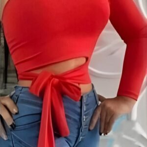 Red one-shoulder top with long puffed sleeve and adjustable side opening