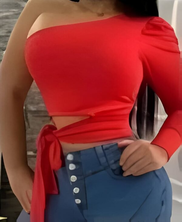 Red one-shoulder top with long puffed sleeve and adjustable side opening