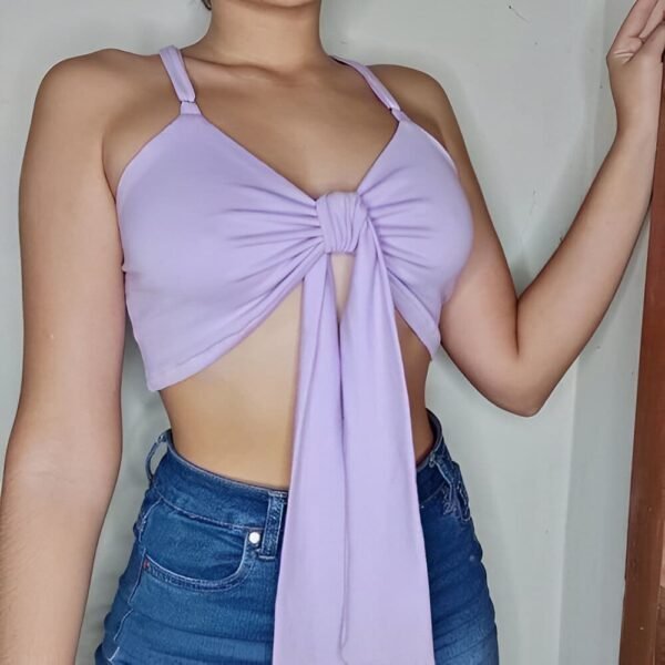 Light Lilac Spaghetti Strap Crop Top with deep V-neck and knot detail - Fitted tank top for casual outings and parties.