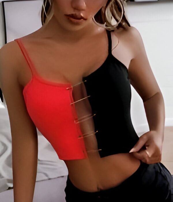 Spaghetti Strap Crop Top with deep V-neck and vertical cutout with strap details