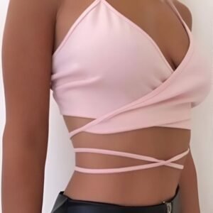 Pale Pink Spaghetti Strap Crop Top with deep M-shaped neckline and wrap-around ties - Fitted tank top for casual outings and parties.