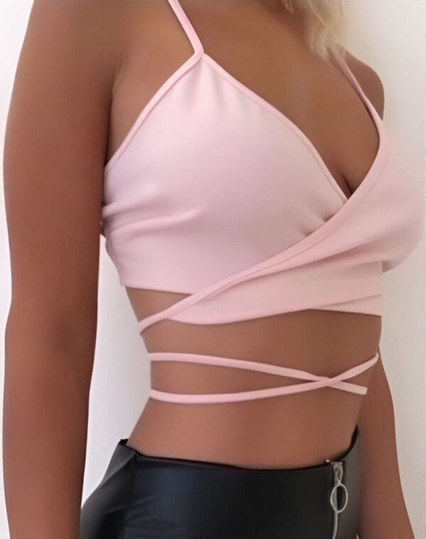 Pale Pink Spaghetti Strap Crop Top with deep M-shaped neckline and wrap-around ties - Fitted tank top for casual outings and parties.