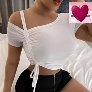 White Asymmetrical Crop Top with one-shoulder design and adjustable tie - Fitted top for casual outings, parties, and dates.