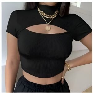 Black Cut-Out Crop Top with turtle-neck and horizontal cutout - Fitted top for casual outings, parties, and dates.