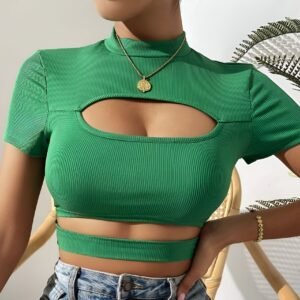 Green Cut-Out Crop Top with turtle-neck, horizontal chest cutout, and lower chest cutout - Fitted top for casual outings and parties.